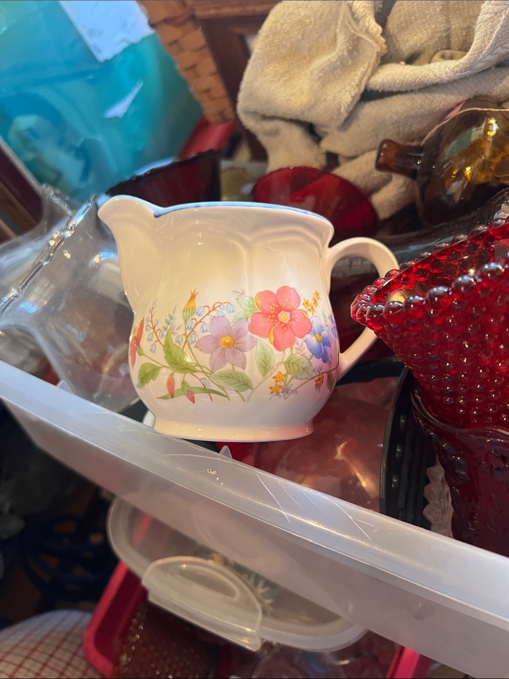 Vintage Floral Ceramic Creamer Pitcher in White with Pink & Purple Flowers